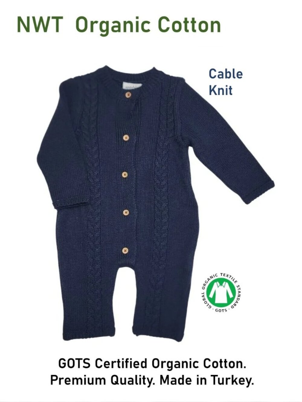 Organic Cotton Navy Cable Knit Romper by ANTEBIES - Made in Turkey Size 0-3M